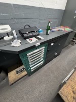 1 workbench (homemade) with contents, 3 base cabinets and shelving
